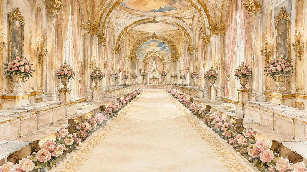 Illustration of an imagined palace hall with a cream runway lined with pink roses. Not the actual venue.